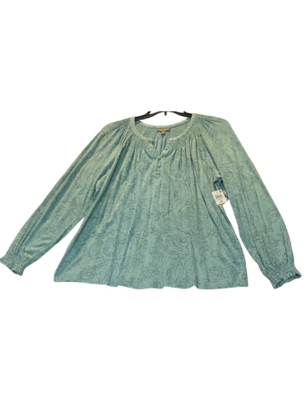 Style & Co Womens OX Sea Green Floral Smocked Knit Top With Long Sleeves
